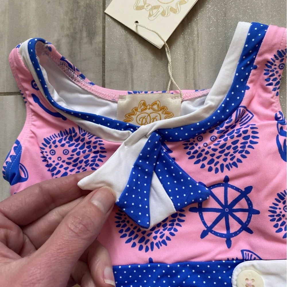The Beaufort Bonnet Company Pink Blue White Nautical One-Piece Swimsuit for Kids